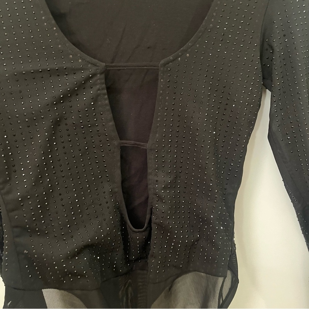 OW Collection Black Sparkly Rhinestone Studded Mesh Cutout Bodysuit - Picture 4 of 9